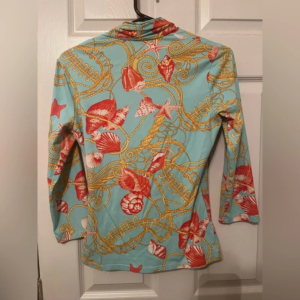 J. McLaughlin | Blue Gold Chain Catalina 3/4 Seashell Faux Wrap Blouse Small - Picture 4 of 5